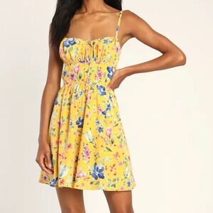 Lulus Dainty Days Yellow Floral Print Backless Mini Dres